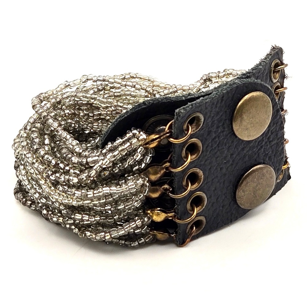 Multi Strand Seed Bead Leather Cuff Bracelet Black Silver Boho Snap Closure